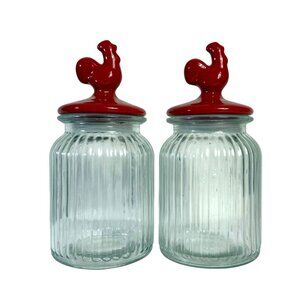 Rustic Red Rooster Glass Jars Set of 2 Ribbed Airtight Lid Farmhouse Kitchen VTG